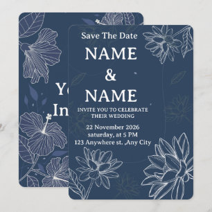 Carte De Remerciements Carton d'invitation de mariage floral bleu poussié
