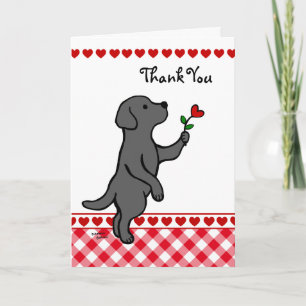 Carte De Remerciements Cartoon noir Labrador minuscule à fleurs cardiaque