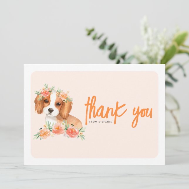 Carte De Remerciements Cavalier King Charles Spaniel Pêche Florale (Debout devant)