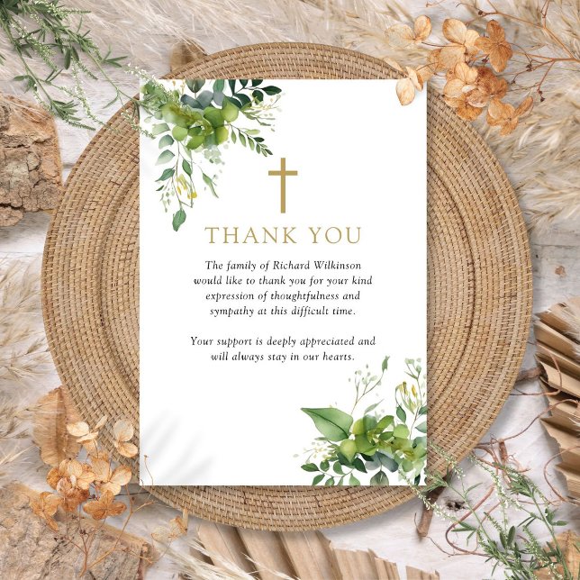 Carte De Remerciements Célébration De La Vie Des Fêtes De La Vie (Christian Greenery Celebration Of Life Funeral Thank You Card)