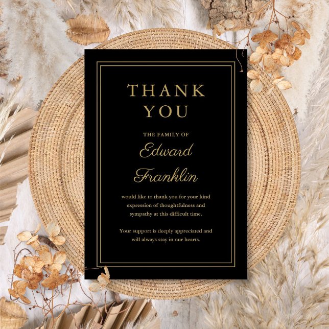 Carte De Remerciements Célébration Noire Et Or De La Vie Funéraire (Black And Gold Celebration Of Life Funeral Thank You Card)