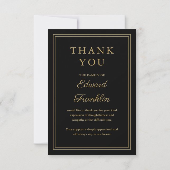 Carte De Remerciements Célébration Noire Et Or De La Vie Funéraire (Devant)
