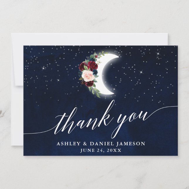 Carte De Remerciements Céleste Mariage Lune étoiles Calligraphie florale (Devant)