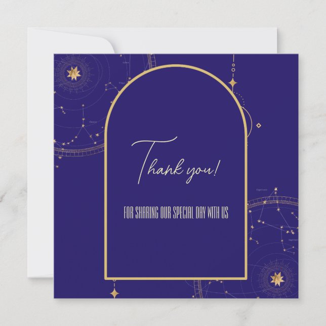 Carte De Remerciements Céleste Nuit Ciel Marine Mariage bleu et or (Devant)