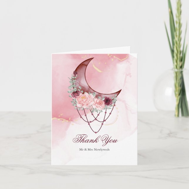 Carte De Remerciements Celestial Crescent Moon Watercolor Pink Maroon (Devant)