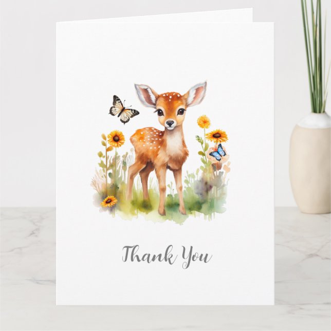Carte De Remerciements Cerfs et papillons animaux de bois mignons (Devant)