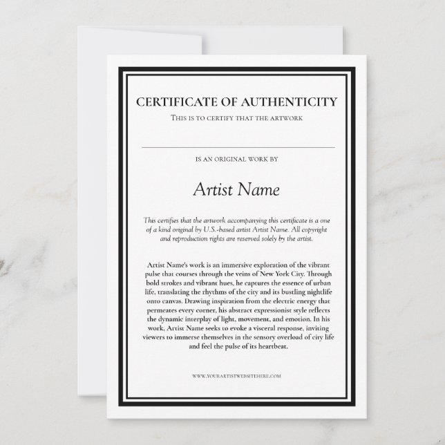 Carte De Remerciements Certificat d'authenticité avec déclaration d'artis (Devant)