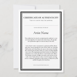 Carte De Remerciements Certificat d'authenticité avec déclaration d'artis