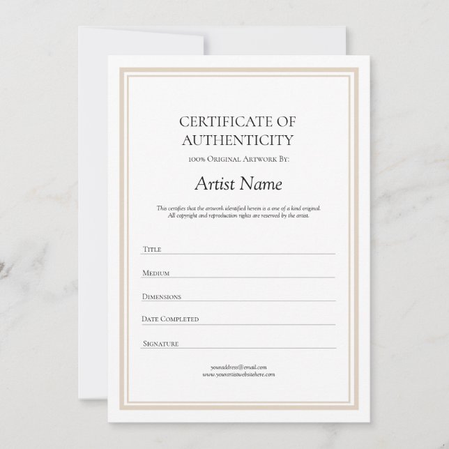 Carte De Remerciements Certificat d'authenticité neutre pour l'art (Devant)
