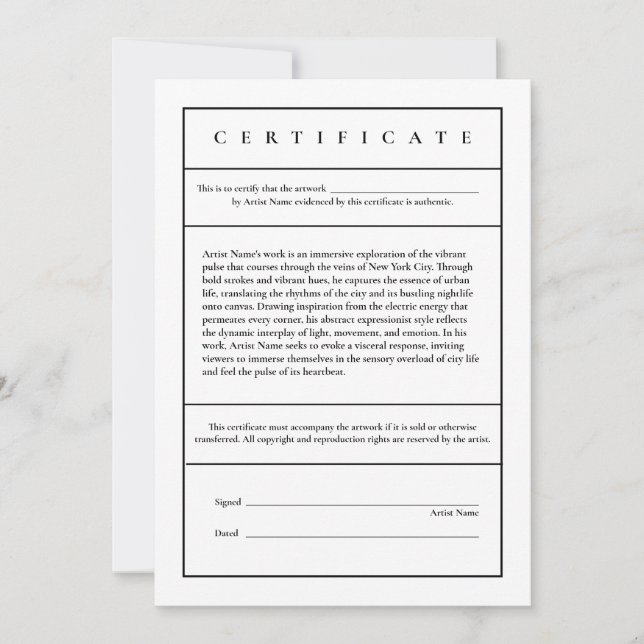 Carte De Remerciements Certificat moderne descriptif d'authenticité (Devant)