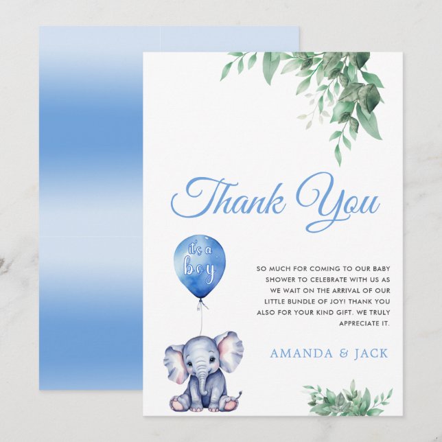 Carte De Remerciements C'est un Baby shower bleu éléphant garçon (Devant / Derrière)