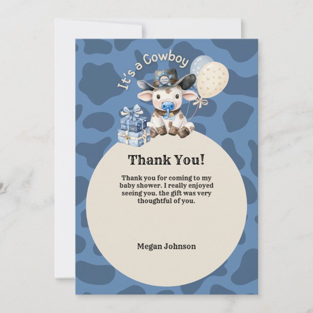 Carte De Remerciements C'est un Baby shower bleu et beige Cowboy (Devant)