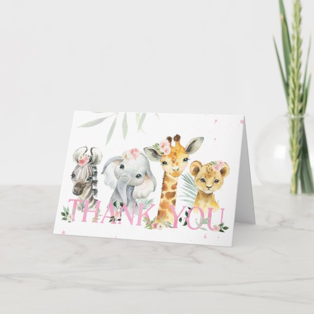 Carte De Remerciements C'est un Baby shower d'animaux Safari pour filles (Devant)