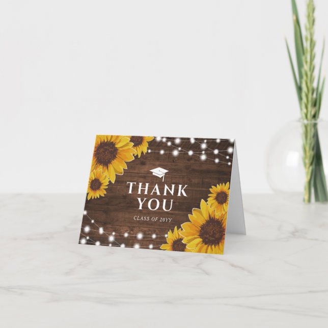 Carte De Remerciements Chaîne de tournesol rustique Lumières Graduation (Devant)