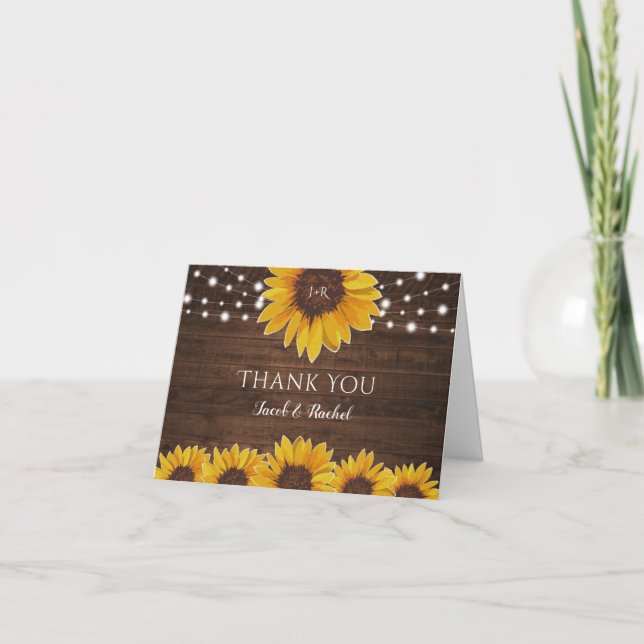 Carte De Remerciements Chaîne de tournesol rustique Lumières Monogramme M (Devant)