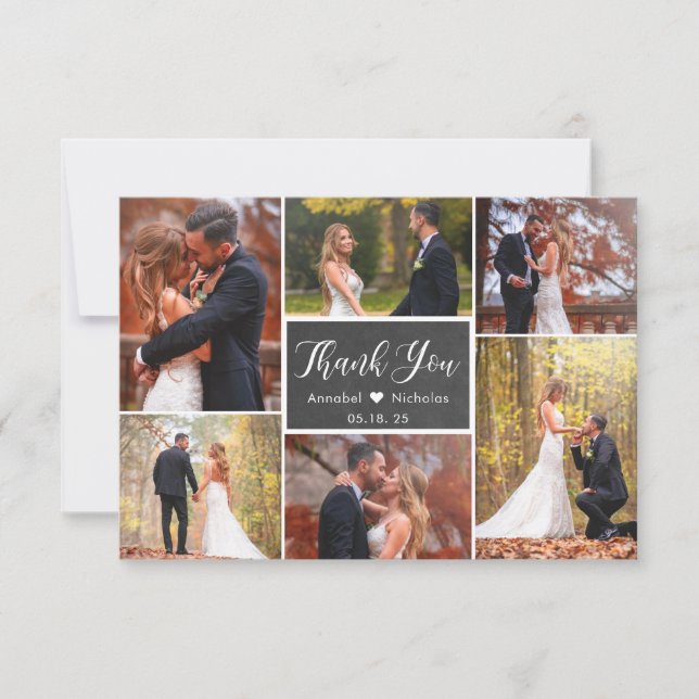 Carte De Remerciements Chalkboard Rustic Script 6 Photo Collage Mariage (Devant)
