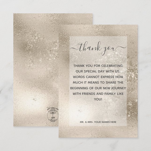 Carte De Remerciements Champagne Gold Parties scintillant Mariage moderne (Devant / Derrière)