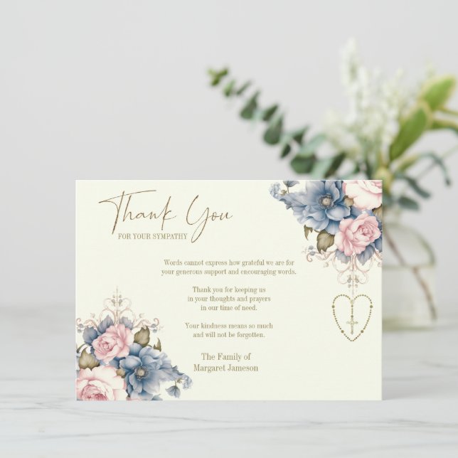 Carte De Remerciements Chapelet catholique Fleurs Funérailles Condoléance (Debout devant)