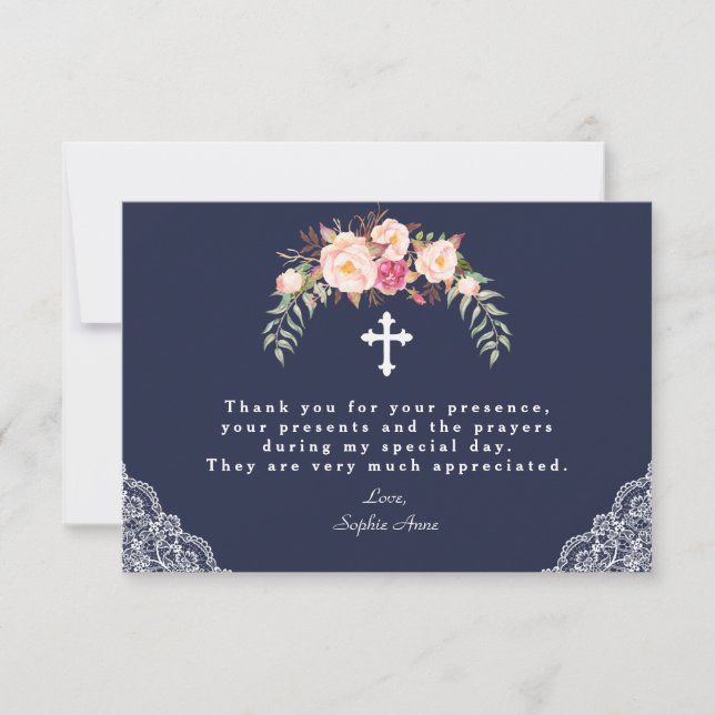 Carte De Remerciements Charm Blush rose Fleurs Marine Dentelle Girl Baptê (Devant)