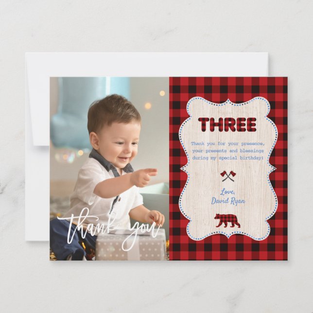 Carte De Remerciements Charm Red Buffalo Photo Boy 3e anniversaire (Devant)