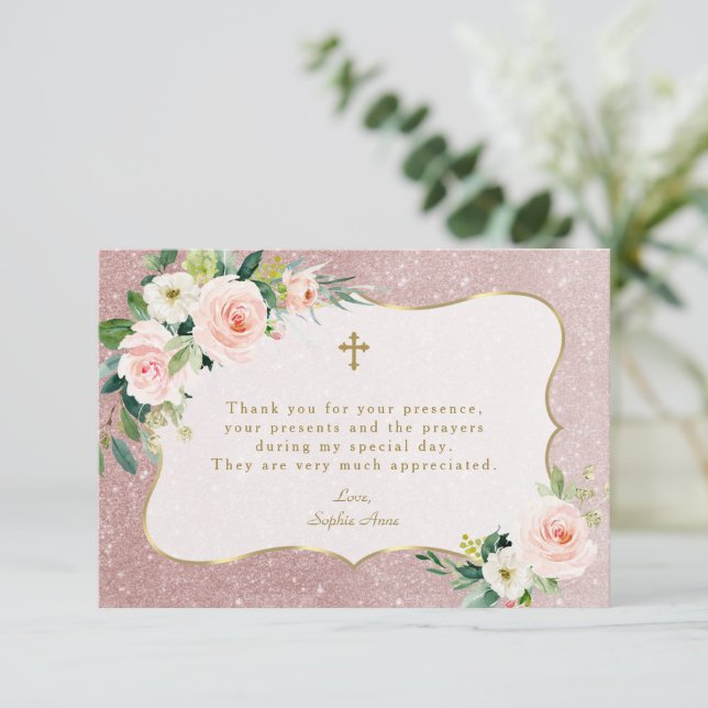 Carte De Remerciements Charm rose blanc Rose  or Parties scintillant Bapt (Debout devant)