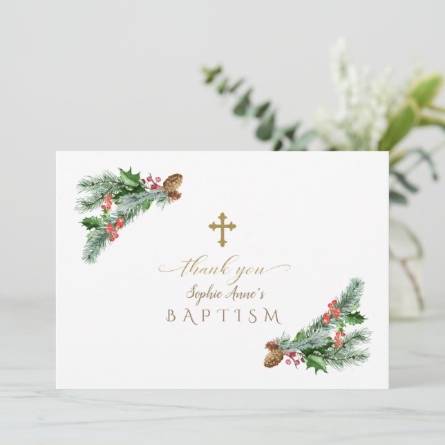 Carte De Remerciements Charm Winter Holidays Arrangement Baptême (Debout devant)