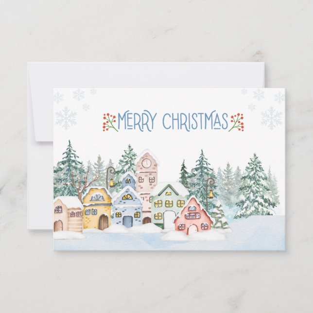 Carte De Remerciements Charmant village de neige aquarelle Noël (Devant)