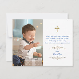 Carte De Remerciements Charmante Photo Boy Gold Cross Baptême