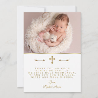 Carte De Remerciements Charmante photo de bébé Croix dorée Sainte Communi