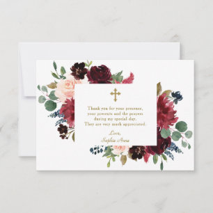 Carte De Remerciements Charme Bourgogne Fleurs rousses Croix Fille Baptêm