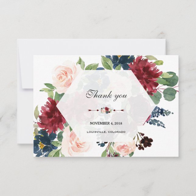 Carte De Remerciements Charme Burgundy Marine Blue Floral Hexagon Frame (Devant)