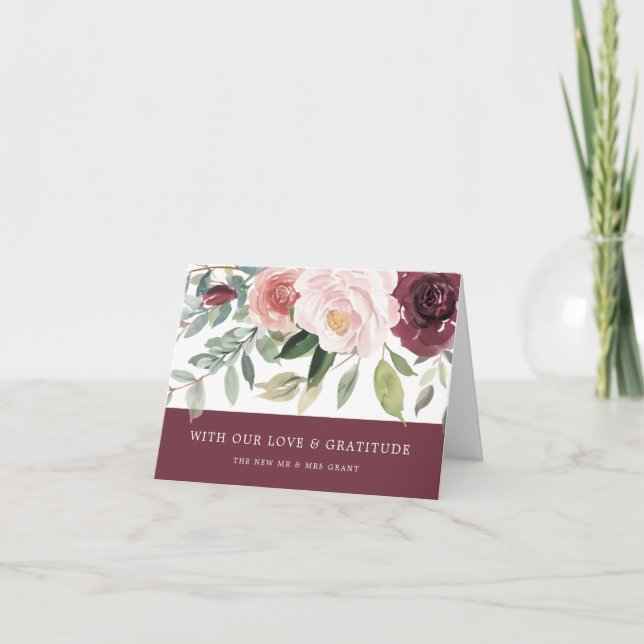 Carte De Remerciements Charme rustique Bourgogne Blush rose Mariage Flora (Devant)