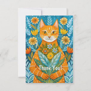 Carte De Remerciements Chat au gingembre dessiné à la main et fleurs