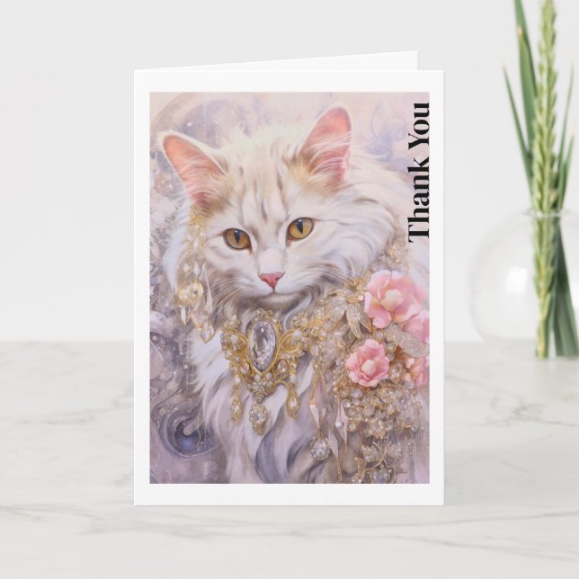Carte De Remerciements Chat blanc élégant en or et diamants (Devant)