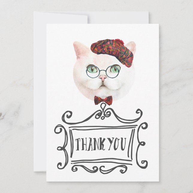 Carte De Remerciements Chat fantaisie avec Beret (Devant)