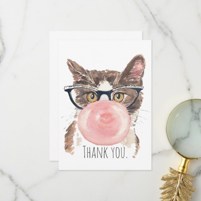 Carte De Remerciements Chat Funny Bubblegum (Devant/Arrière en situation)