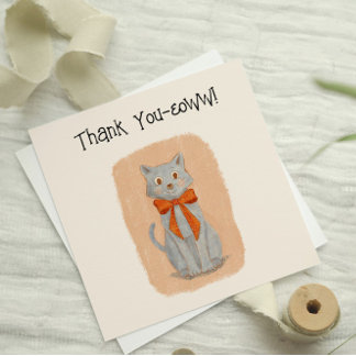 Carte De Remerciements Chat Gris Avec Bow Illustré