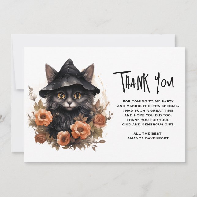 Carte De Remerciements Chat noir mignon dans le Casquette d'une sorcière (Devant)