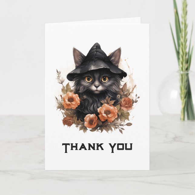Carte De Remerciements Chat noir mignon dans le Casquette d'une sorcière (Devant)