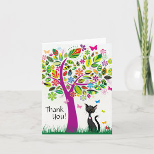 Carte De Remerciements Chat noir mignon et joli arbre à fleurs