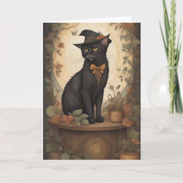 Carte De Remerciements Chat noir sorcière casquette Halloween moisson ple (Devant)