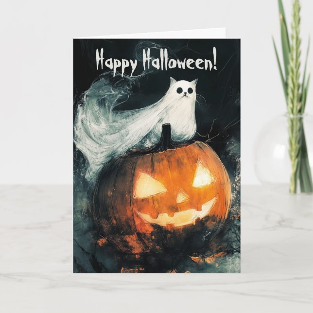 Carte De Remerciements Chat sur Citrouille Jack-o'-lantern (Devant)