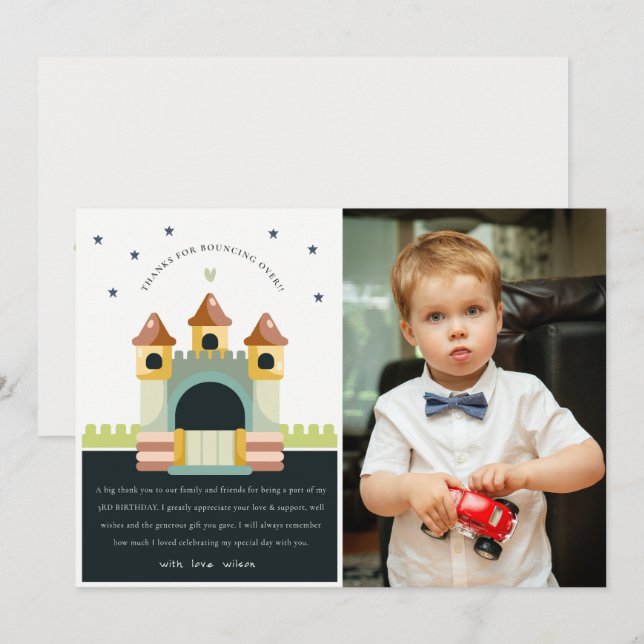 Carte De Remerciements Château Gonflable Pastel Photo Enfants Anniversair (Devant / Derrière)