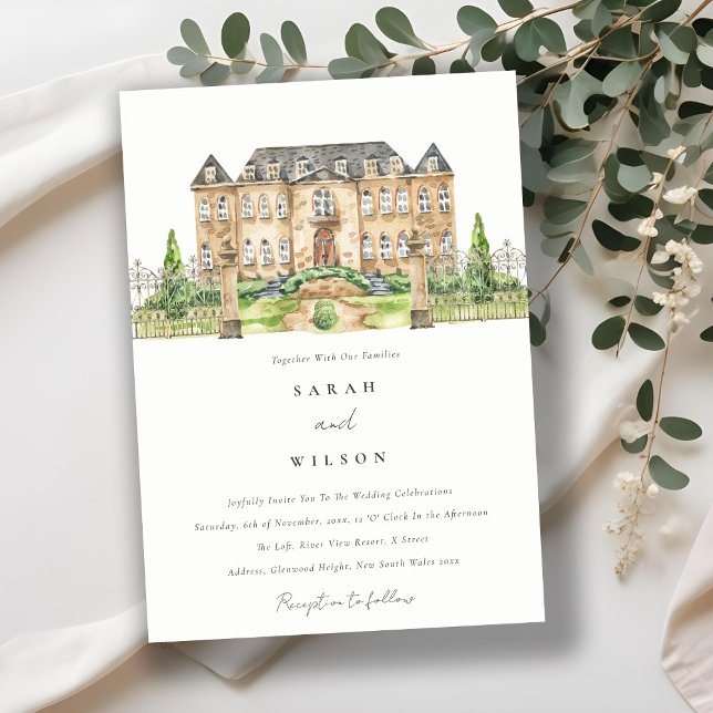 Carte De Remerciements Chateau Jardin Classique Aquarelle Mariage Inviter (Créateur téléchargé)