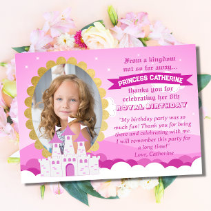 Carte De Remerciements Château Princesse Royale Rose Fille Anniversaire