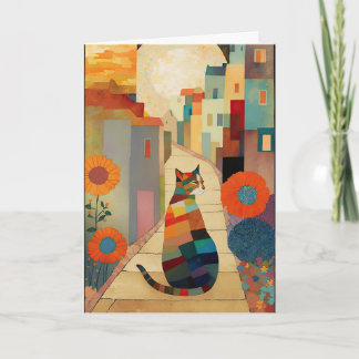Carte De Remerciements Chats et fleurs dans un village illuminé par la lu