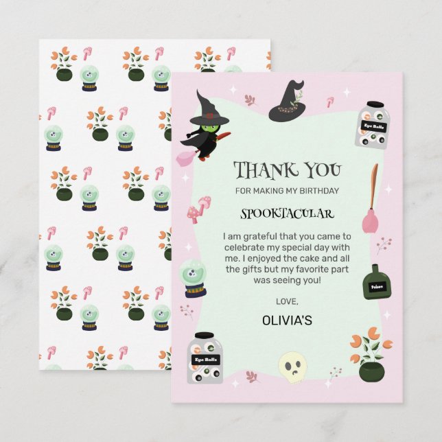 Carte De Remerciements Chaud vert sorcier Halloween anniversaire (Devant / Derrière)