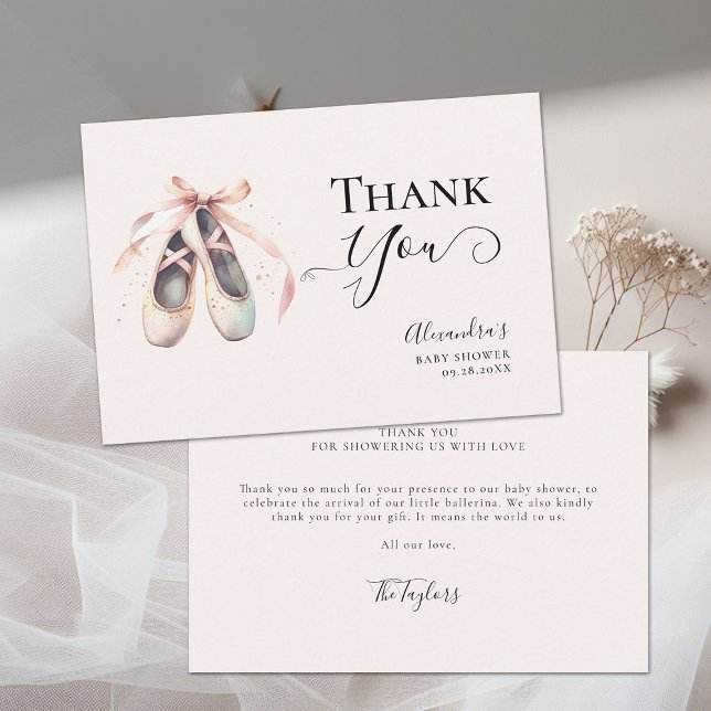 Carte De Remerciements Chaussures Ballerina Or Rose Bow Chic Girl Douche (ballerina baby shower thank you card ballet shoes pointe dance pink faux gold glitter elegant chic)