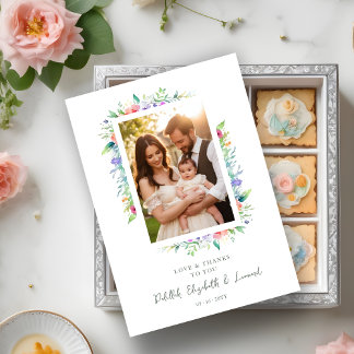 Carte De Remerciements Cherish Cute Floral Frame Christening Photo