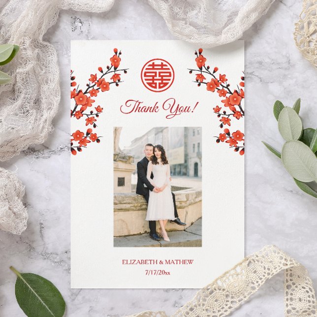 Carte De Remerciements Cherry Blossom Photo Mariage chinois (Créateur téléchargé)